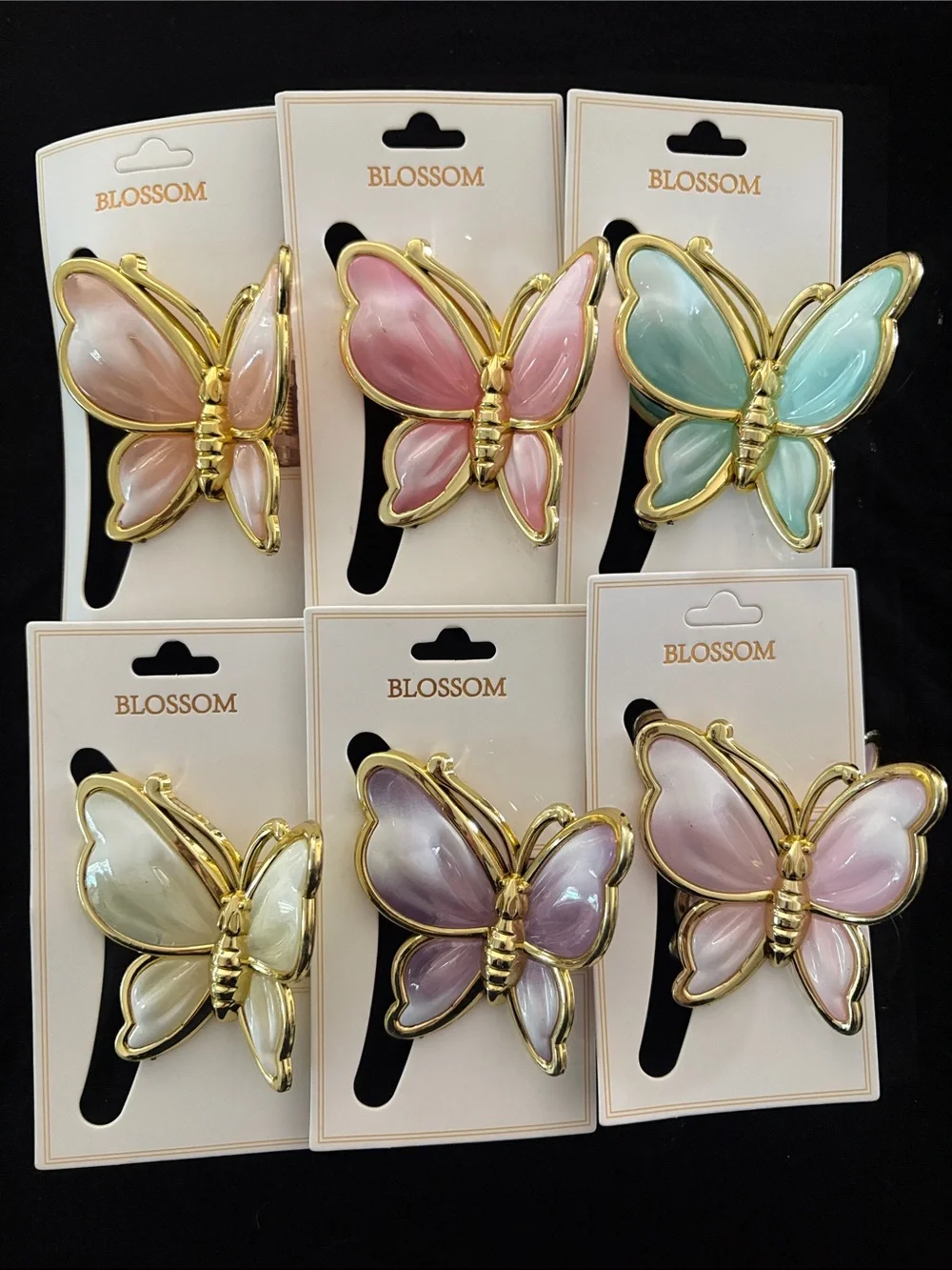 Gold-Tone Pastel Butterfly Hair Clips Set Pink, Blue, Lavender, Cream Set Of 6